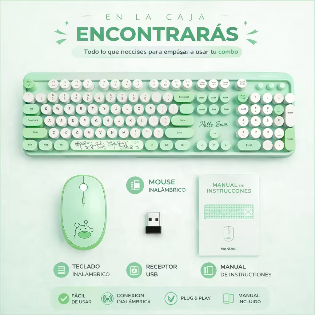 Combo Teclado y Mouse Inalámbrico Geezer Hello Bear - Verde | Mouse 800/1200/1600 DPI | 10m | 2.4G