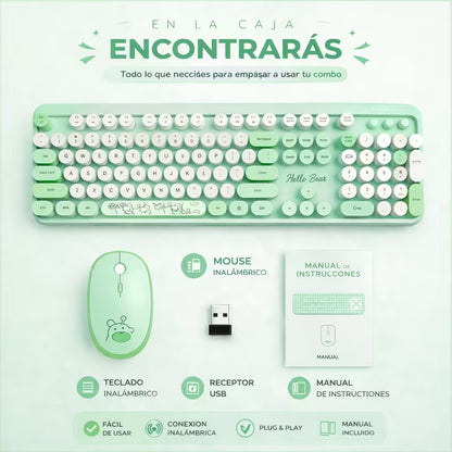 Combo Teclado y Mouse Inalámbrico Geezer Hello Bear - Verde | Mouse 800/1200/1600 DPI | 10m | 2.4G