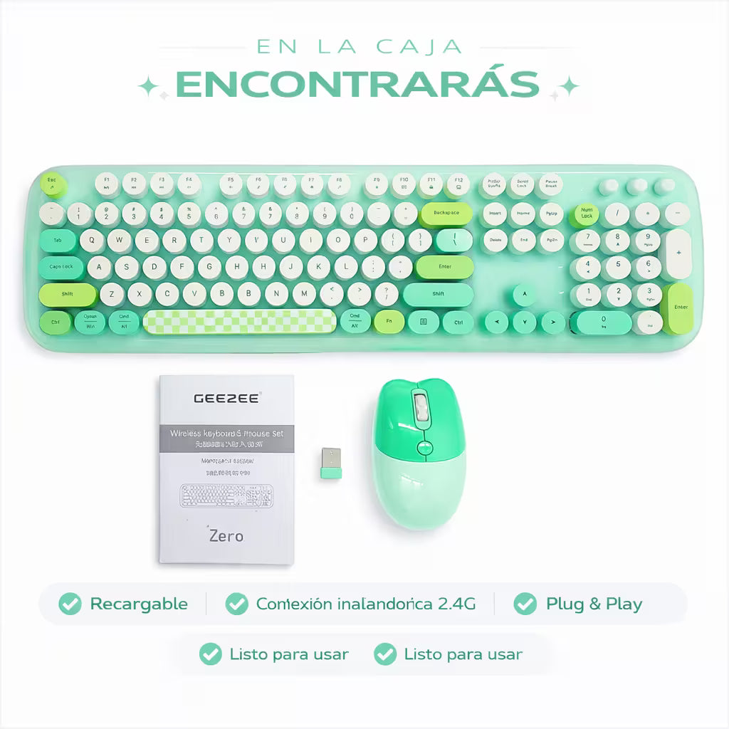 Combo Teclado y Mouse Inalámbrico Geezer Zero - Verde | 104 Teclas Redondas Full-Size | Bajo Ruido | 2.4G