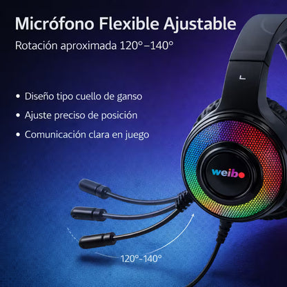 Diadema Gamer WEIBO G50 Sonido 7.1 USB RGB | Auriculares Gaming