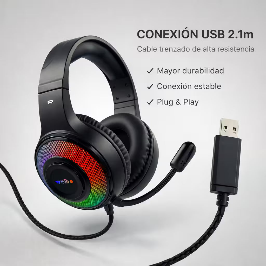 Diadema Gamer WEIBO G50 Sonido 7.1 USB RGB | Auriculares Gaming