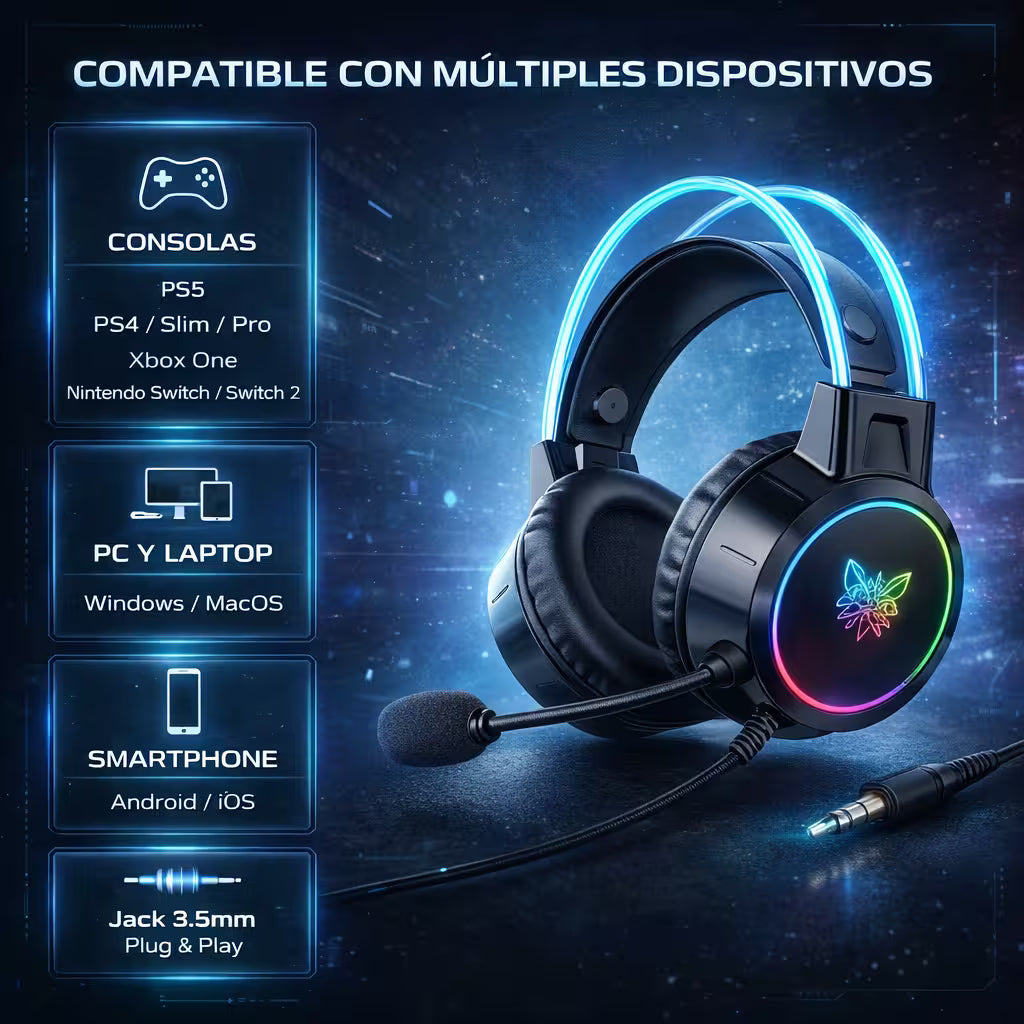 Diadema Gamer ONIKUMA X15 PRO RGB Negra - Diafragma Grafeno 50mm