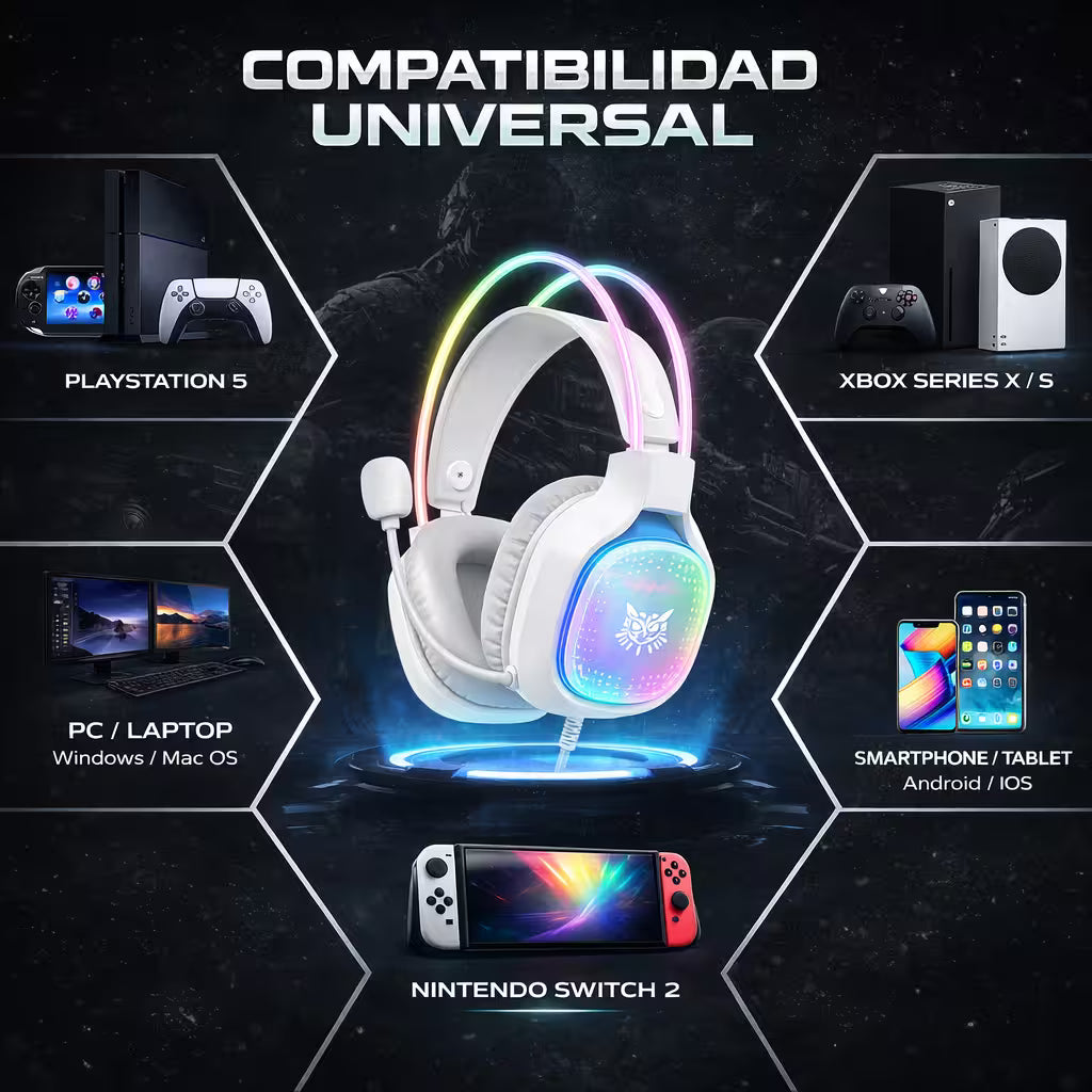 Diadema Gamer ONIKUMA X22 RGB Blanca - Audio Estéreo 50mm