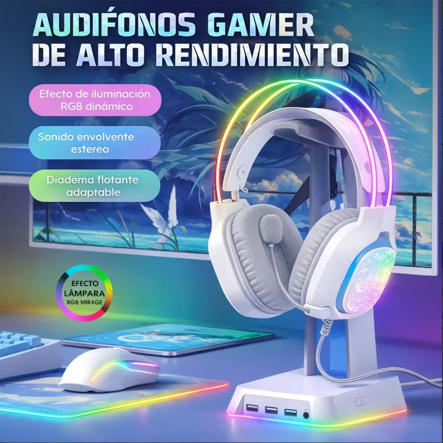 Diadema Gamer ONIKUMA X22 RGB Blanca - Audio Estéreo 50mm