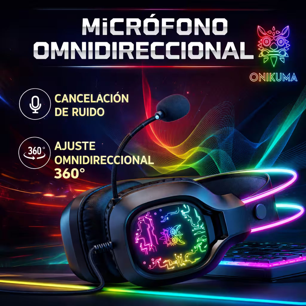 Diadema Gamer ONIKUMA X22 RGB Negra - Audio Estéreo 50mm