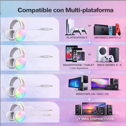 Diadema Gamer ONIKUMA X25 RGB Blanco - Audio Estéreo 3D 50mm
