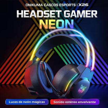 Diadema Gamer ONIKUMA X26 LED Negra - Audio 50mm Controles Multifuncionales