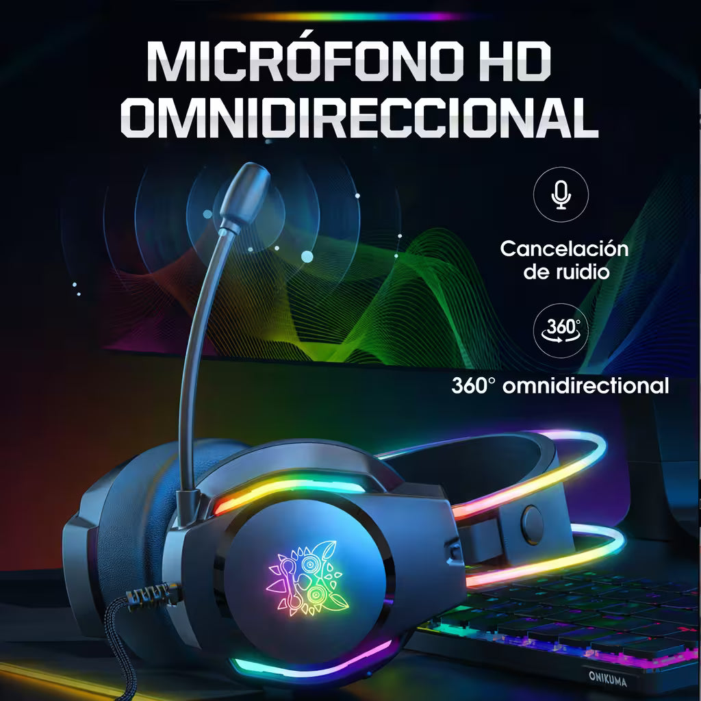 Diadema Gamer ONIKUMA X26 LED Negra - Audio 50mm Controles Multifuncionales