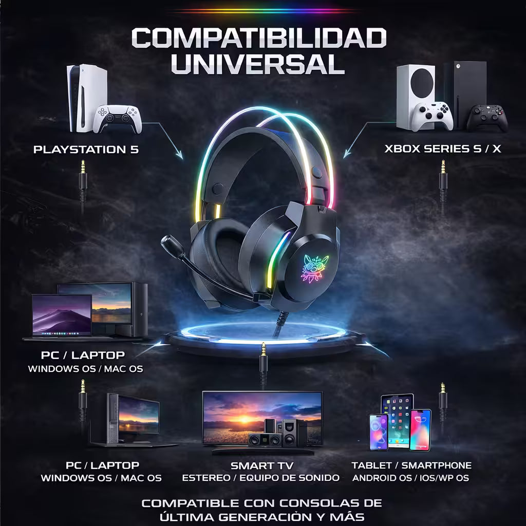 Diadema Gamer ONIKUMA X26 LED Negra - Audio 50mm Controles Multifuncionales
