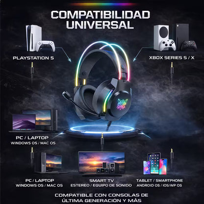 Diadema Gamer ONIKUMA X26 LED Negra - Audio 50mm Controles Multifuncionales