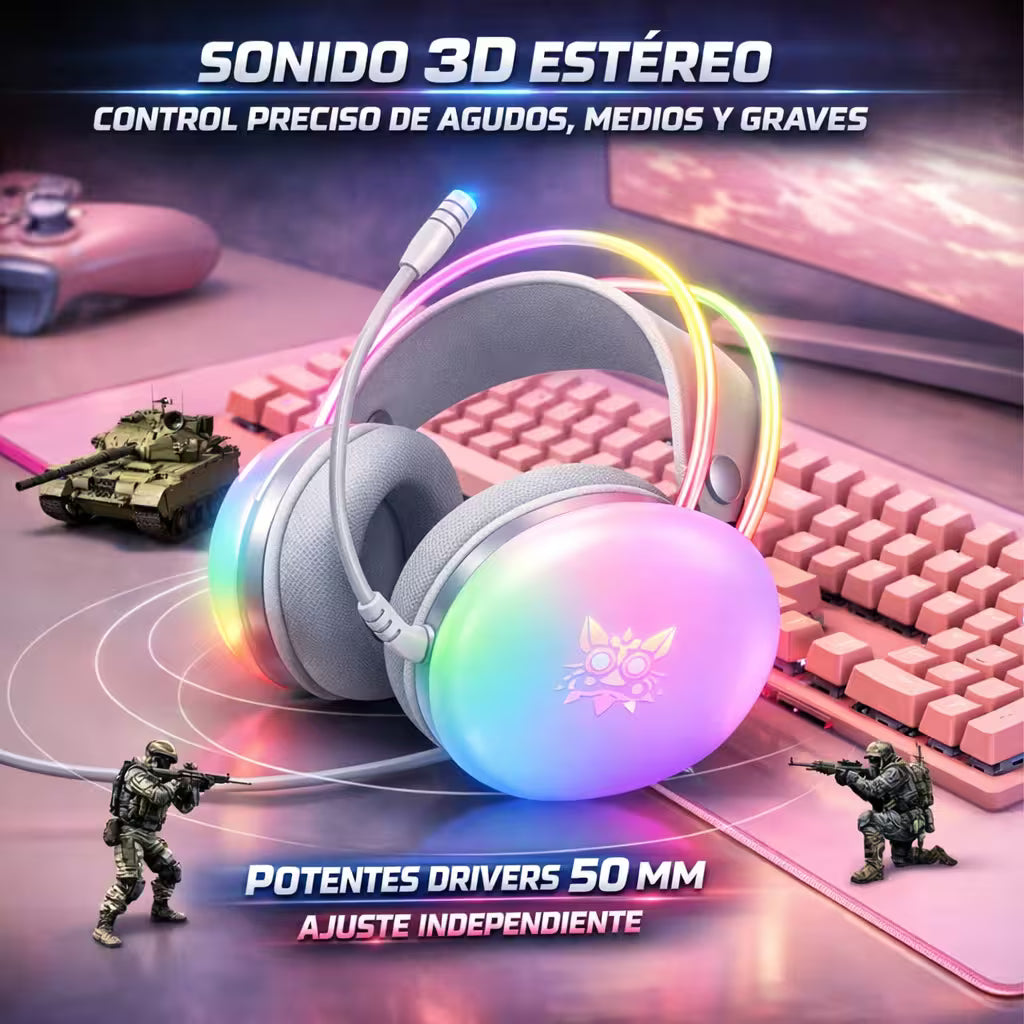 Diadema Gamer ONIKUMA X25 RGB Blanco - Audio Estéreo 3D 50mm