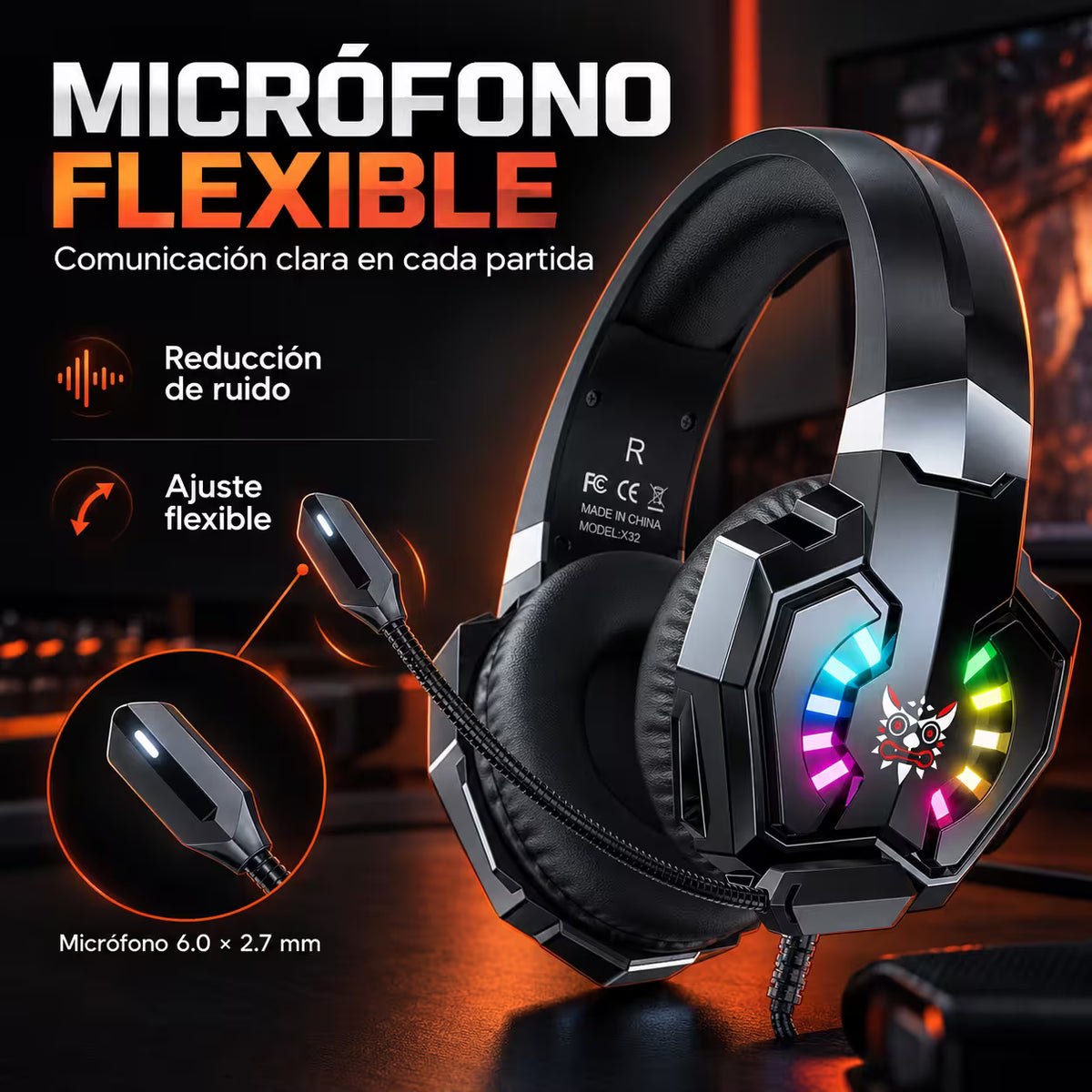 Diadema Gamer ONIKUMA X32 RGB – Drivers 50mm | Mic Flexible | Cable 2m | Universal