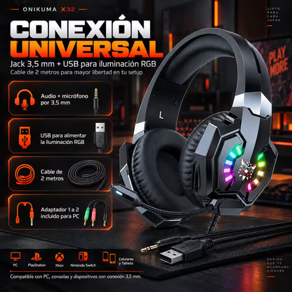 Diadema Gamer ONIKUMA X32 RGB – Drivers 50mm | Mic Flexible | Cable 2m | Universal