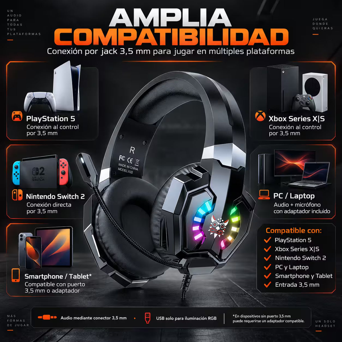 Diadema Gamer ONIKUMA X32 RGB – Drivers 50mm | Mic Flexible | Cable 2m | Universal