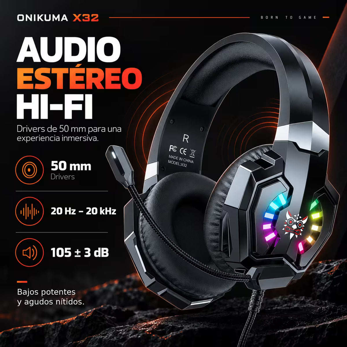 Diadema Gamer ONIKUMA X32 RGB – Drivers 50mm | Mic Flexible | Cable 2m | Universal