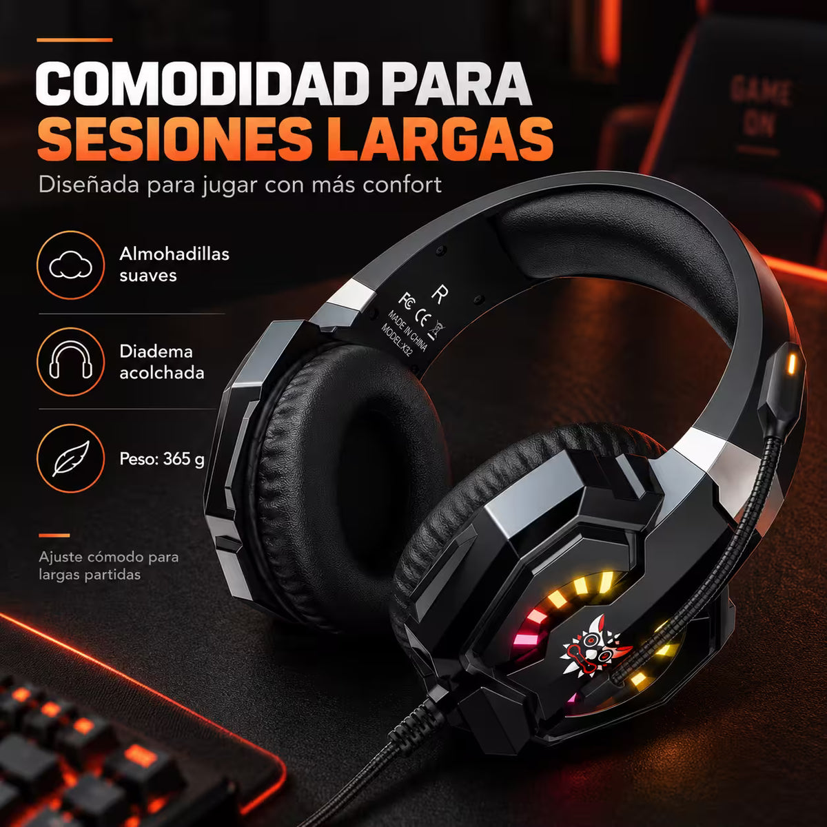 Diadema Gamer ONIKUMA X32 RGB – Drivers 50mm | Mic Flexible | Cable 2m | Universal