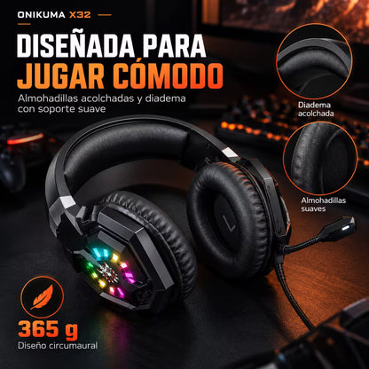 Diadema Gamer ONIKUMA X32 RGB – Drivers 50mm | Mic Flexible | Cable 2m | Universal