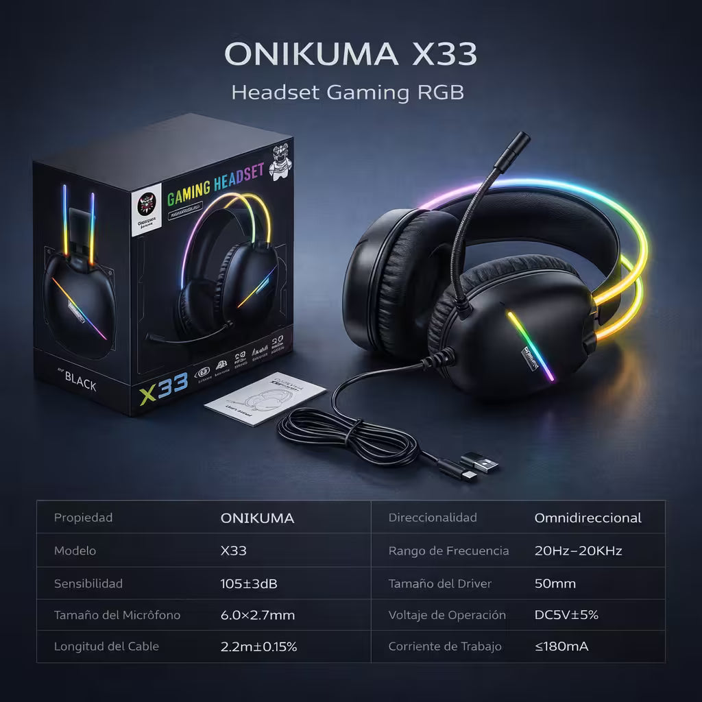 Diadema Gamer ONIKUMA X33 RGB Negra – Drivers 50mm | USB-C | Mic Cancelación Ruido
