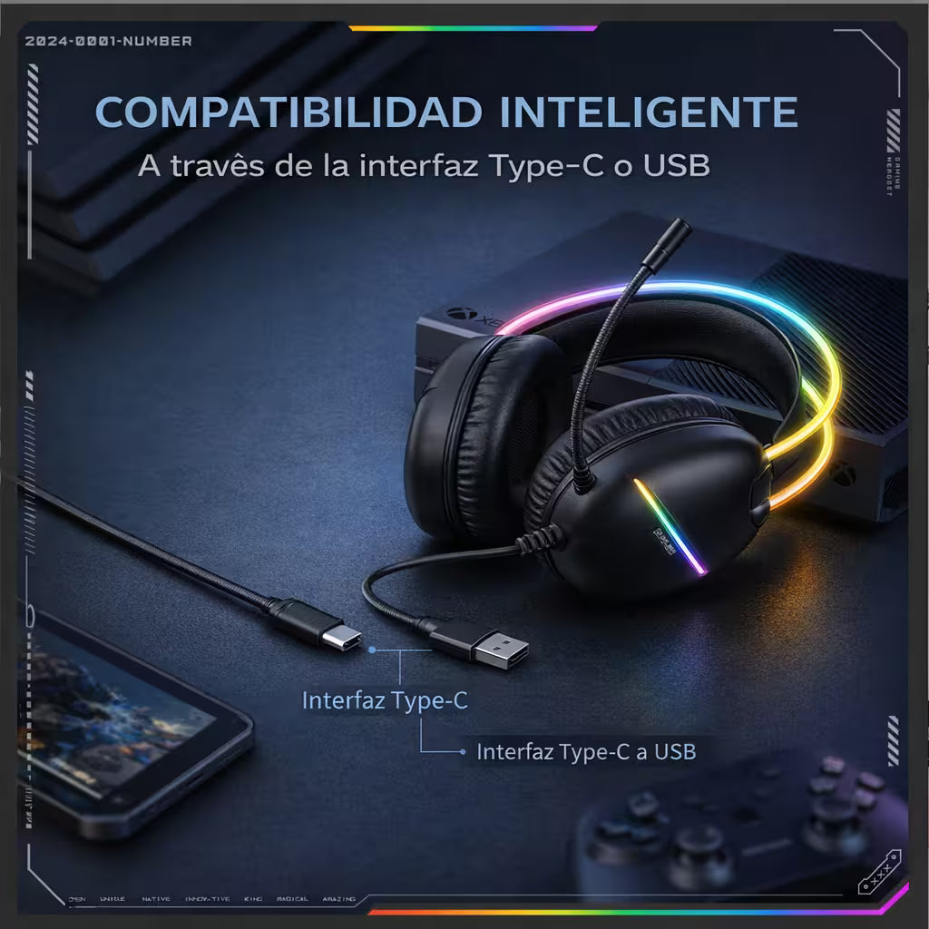 Diadema Gamer ONIKUMA X33 RGB Negra – Drivers 50mm | USB-C | Mic Cancelación Ruido
