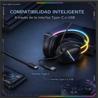 Diadema Gamer ONIKUMA X33 RGB Negra – Drivers 50mm | USB-C | Mic Cancelación Ruido