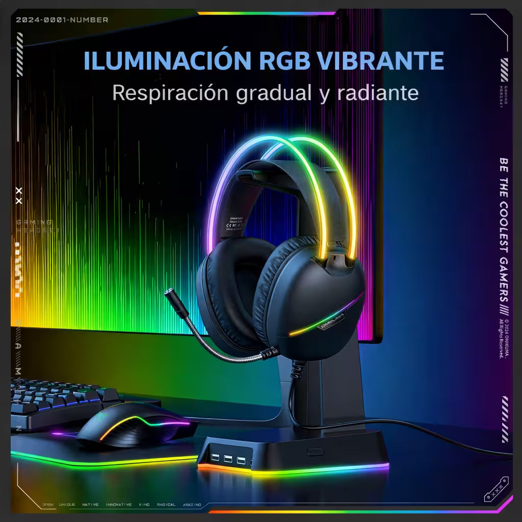 Diadema Gamer ONIKUMA X33 RGB Negra – Drivers 50mm | USB-C | Mic Cancelación Ruido
