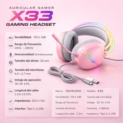 Diadema Gamer ONIKUMA X33 RGB Rosada Type-C - Audio Alta Fidelidad 50mm Para Ellas