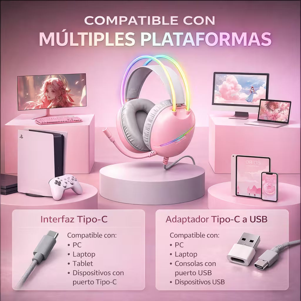 Diadema Gamer ONIKUMA X33 RGB Rosada Type-C - Audio Alta Fidelidad 50mm Para Ellas