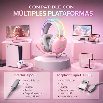 Diadema Gamer ONIKUMA X33 RGB Rosada Type-C - Audio Alta Fidelidad 50mm Para Ellas