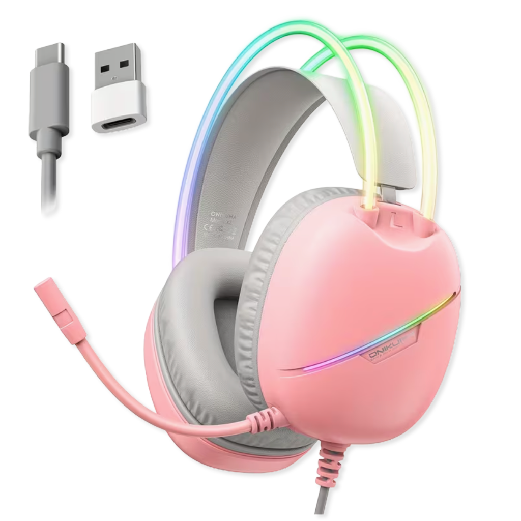 Diadema Gamer ONIKUMA X33 RGB Rosada – Drivers 50mm | USB-C | Mic Cancelación Ruido | Para Ellas