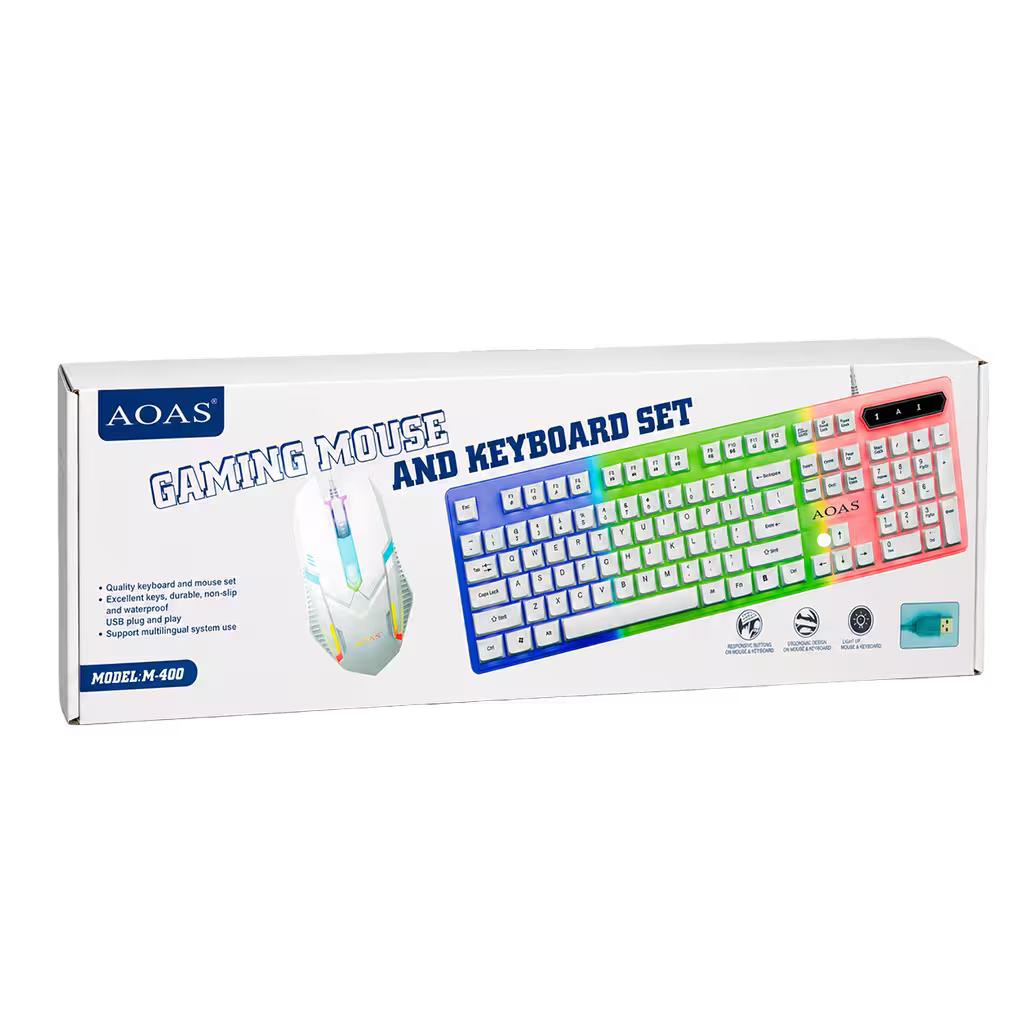 Combo Teclado y Mouse Gamer AOAS M-400 - Blanco | 104 Teclas RGB 1600 DPI USB