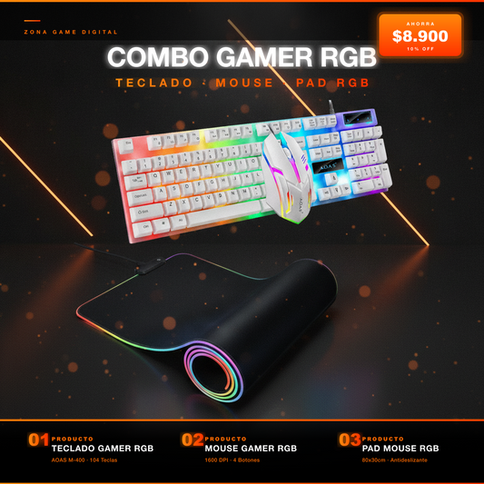 Combo Gamer RGB Teclado Mouse AOAS M-400 + Pad RGB - Zona Game Digital