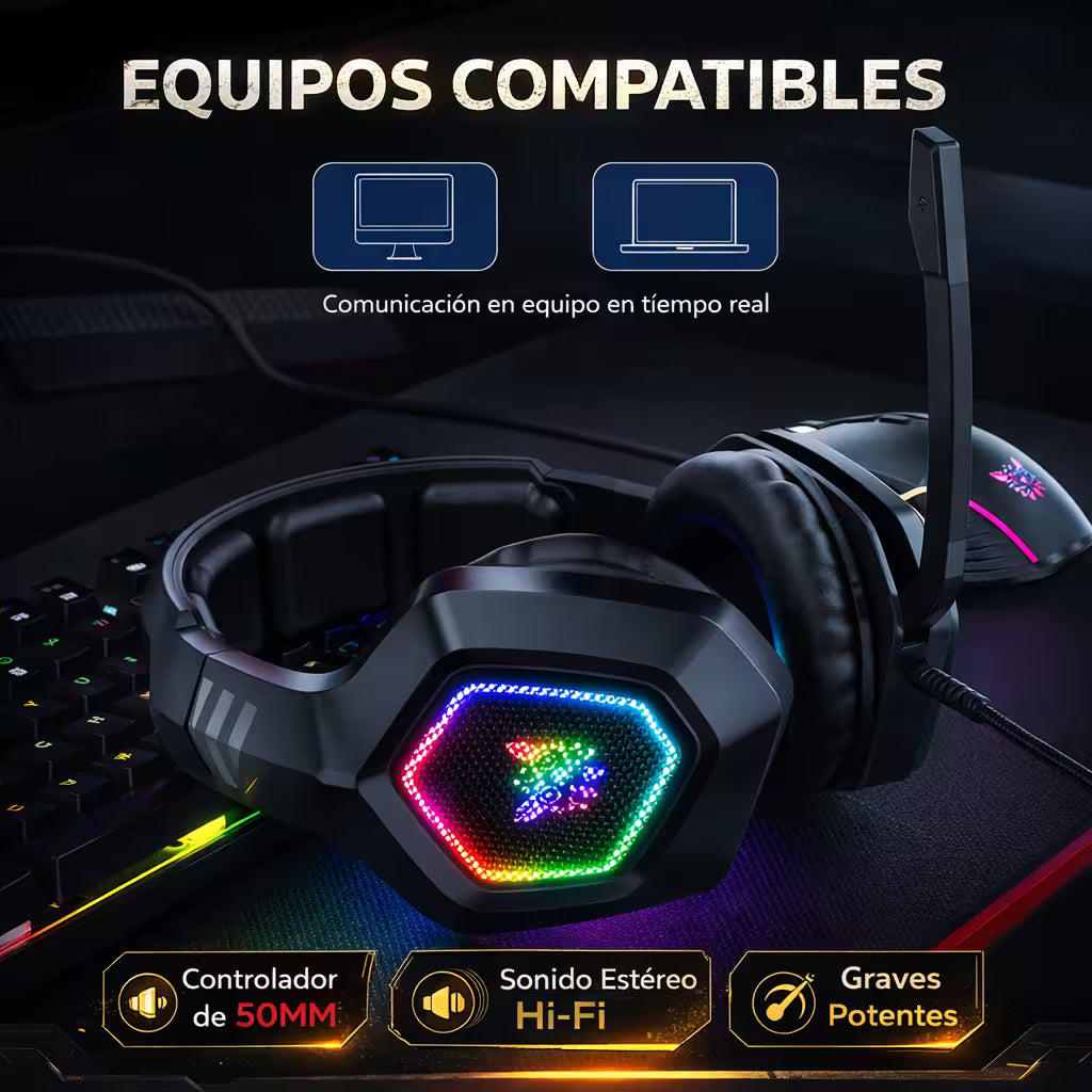 Diadema Gamer ONIKUMA K10 RGB Negra - Audio Alta Fidelidad 50mm Micrófono Oculto