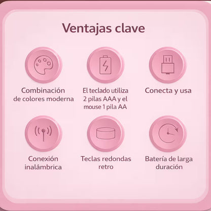 Combo Teclado Mouse Inalámbrico K73 Rosado - 104 Teclas 2.4G 10m con Pilas