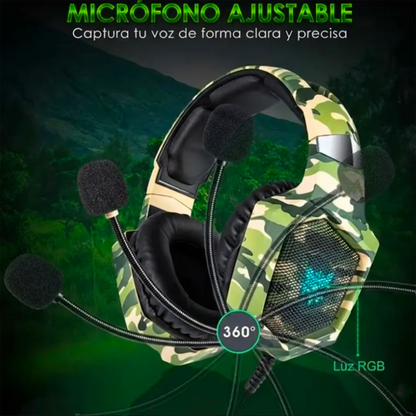 Diadema Gamer ONIKUMA K8 LED RGB Verde Camuflado - Micrófono 360°