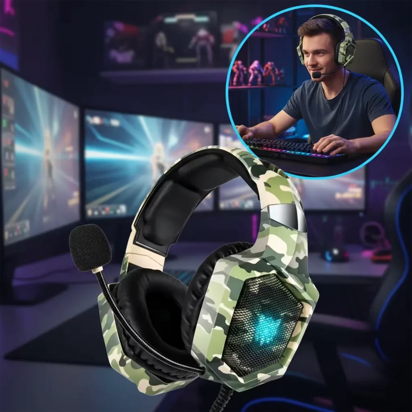 Diadema Gamer ONIKUMA K8 LED RGB Verde Camuflado - Micrófono 360°