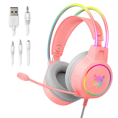 Diadema Gamer Onikuma X15 Pro Rosada – Drivers Dinámicos 50mm | Mic Noise-Cancelling | RGB | Plug 3.5mm | Para Ellas