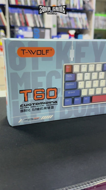 Teclado Mecánico T-Wolf T60 60% RGB  Azul-Blanco - Switches Azules Anti-Ghosting USB-C