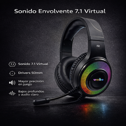 Diadema Gamer WEIBO G50 Sonido 7.1 USB RGB | Auriculares Gaming