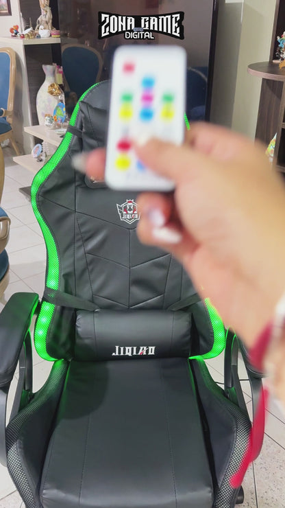 Silla Gamer JIQIAO Reclinable RGB – Iluminación LED Perimetral | Control Remoto 24 Botones | Reclinable 90–135° | Reposabrazos Articulados | Altura Ajustable